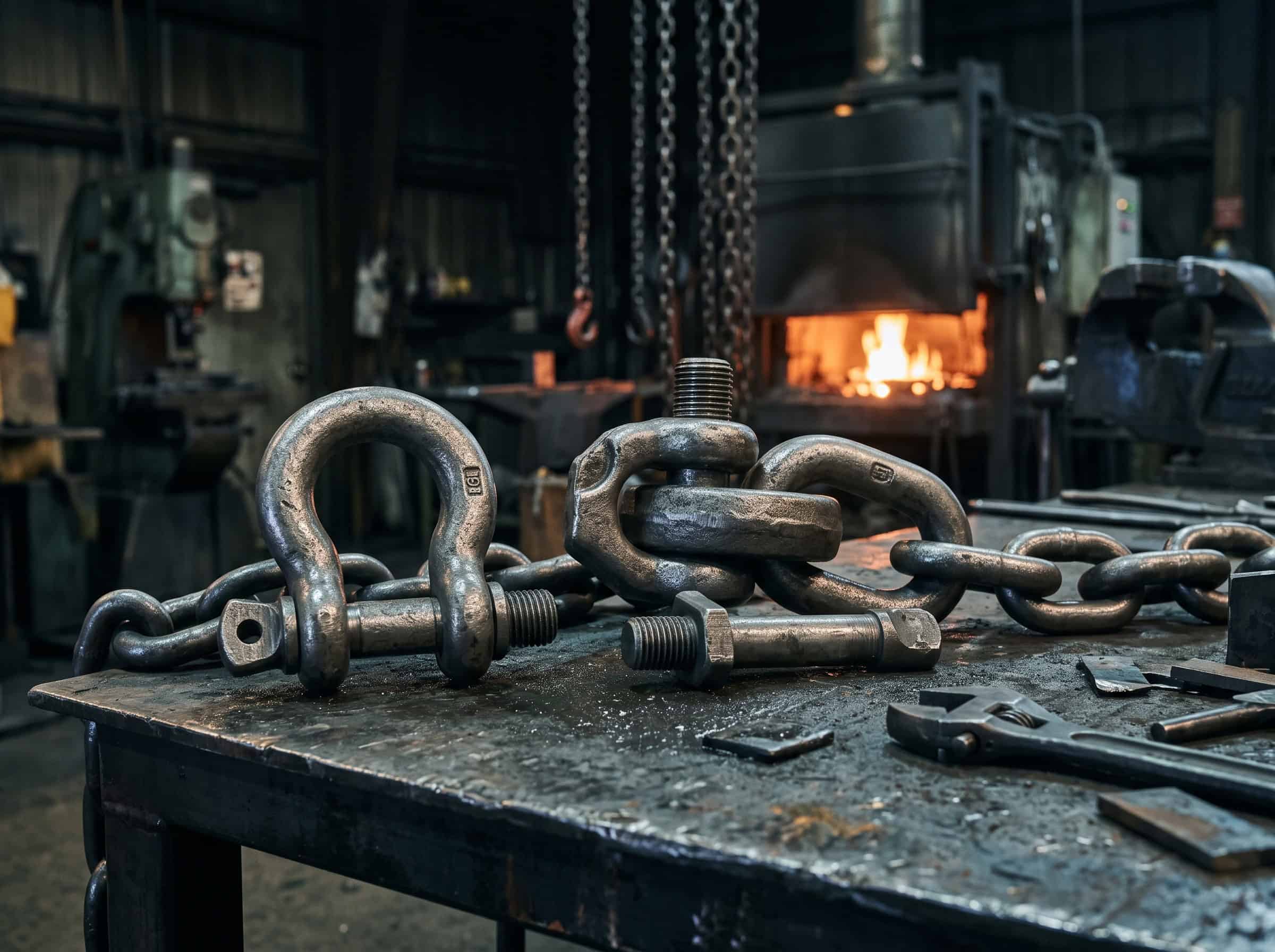 forged-steel-shackles-clevises-and-connecting-links multiple heavy-duty forged steel shackles, clevises, and connecting links